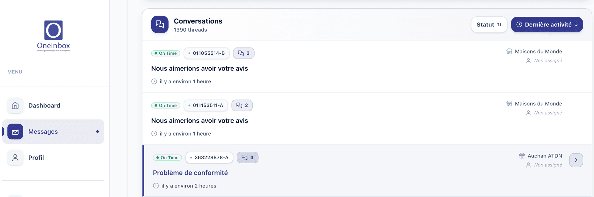 Screenshot centralisation messages